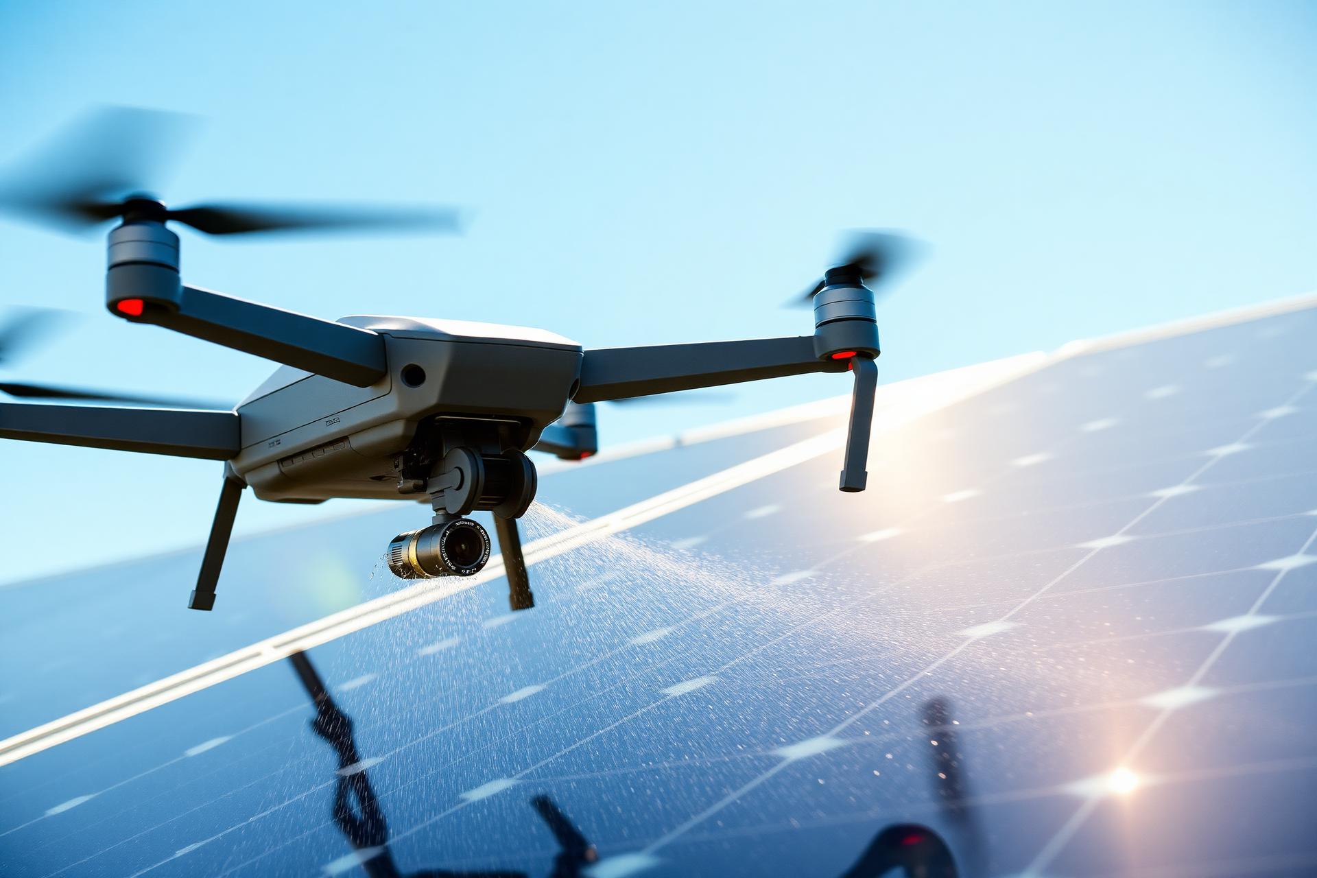 A SkyWashSolar drone misting a gleaming solar array against a bright blue sky